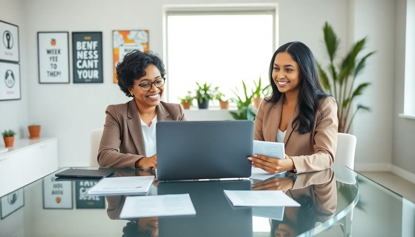 career development coach guiding a client in a modern office.