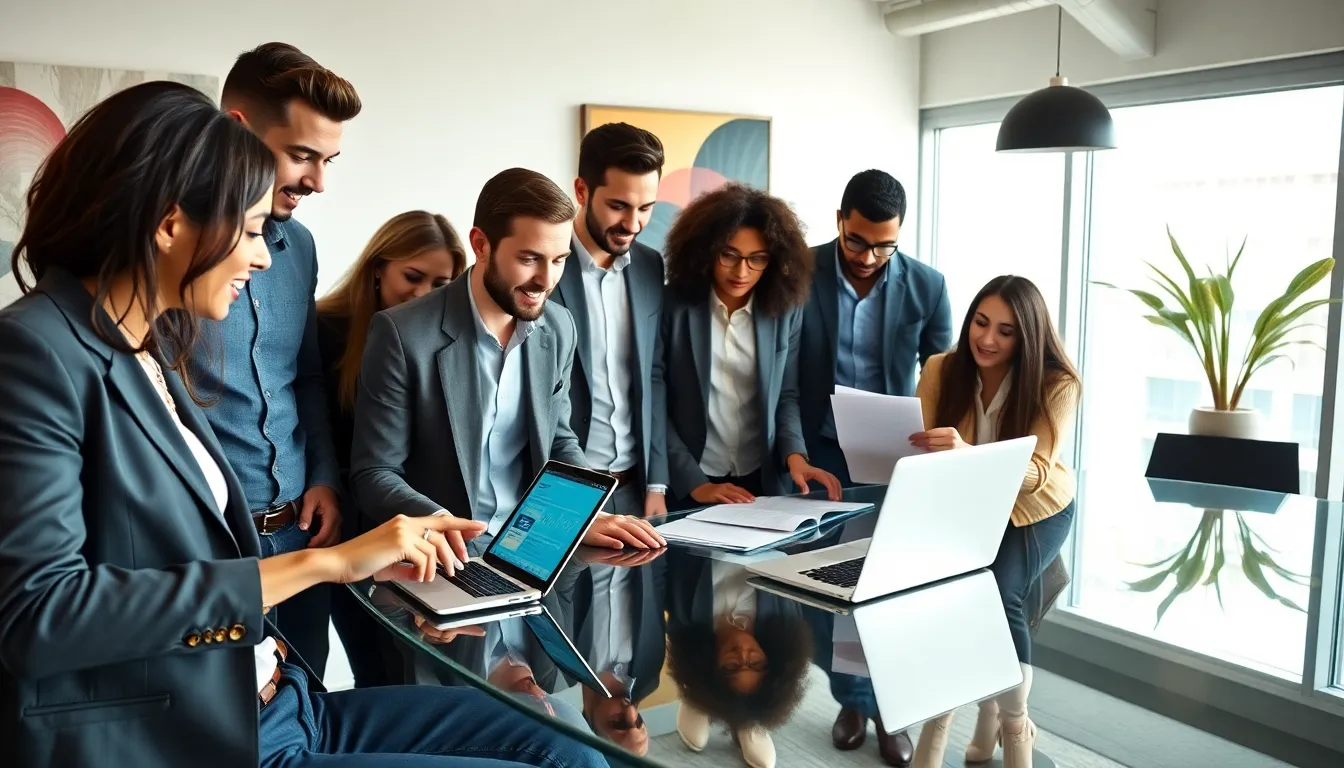 group of millennials discussing finance with technology in a modern office.