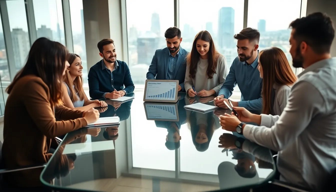 Millennials discussing financial challenges in a modern office.